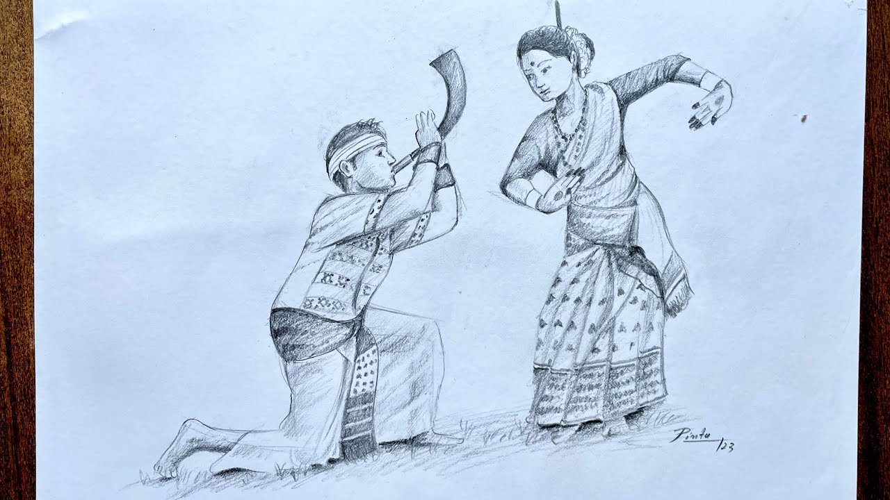How to draw Bihu Dance | Rangali Bihu Painting step by step