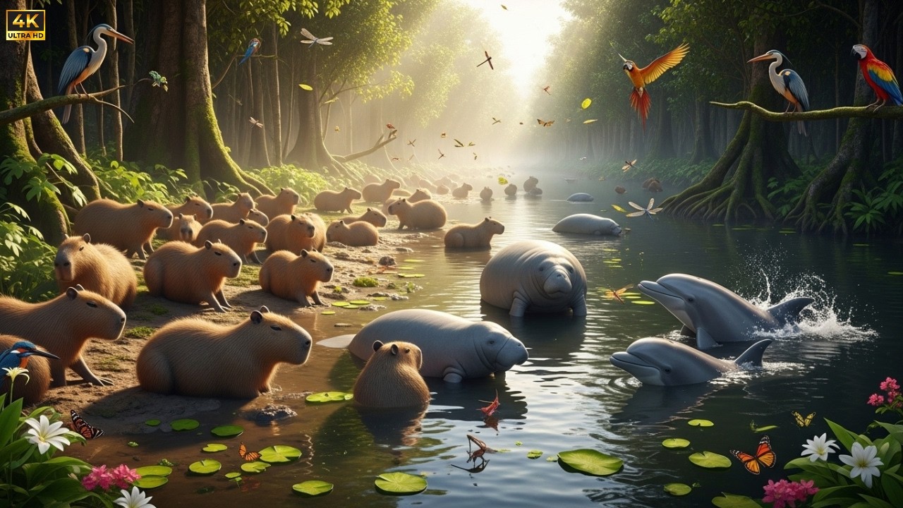 Relaxing Walk In The Amazon: The Magic of Animal Friendships (4K) | Capybara, Manatee, Dolphin