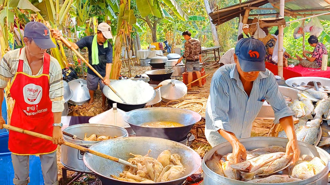 Amazing! Cambodia Countryside Cooking Food: Fish, Chicken, Shrimp for Wedding + Street Food & Market