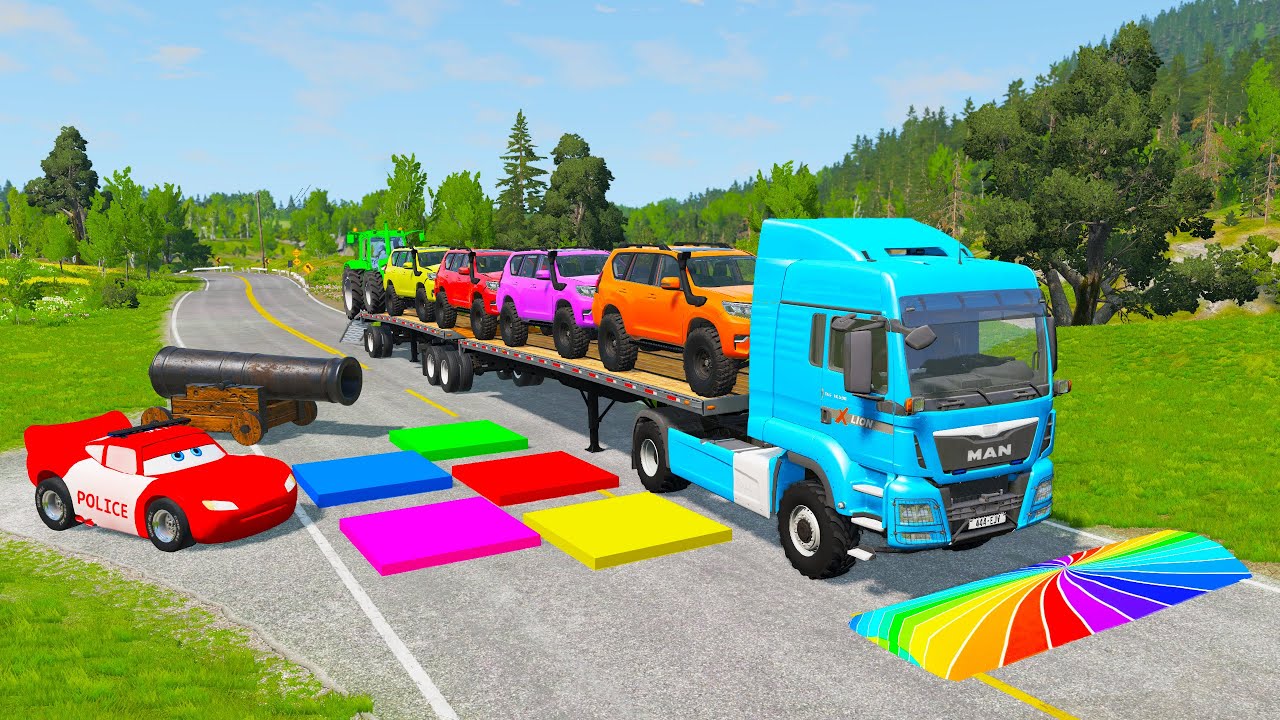 Flatbed Truck McQueen | Transportation with Truck - Pothole vs Car #07 | BeamNG.Drive Gameplay