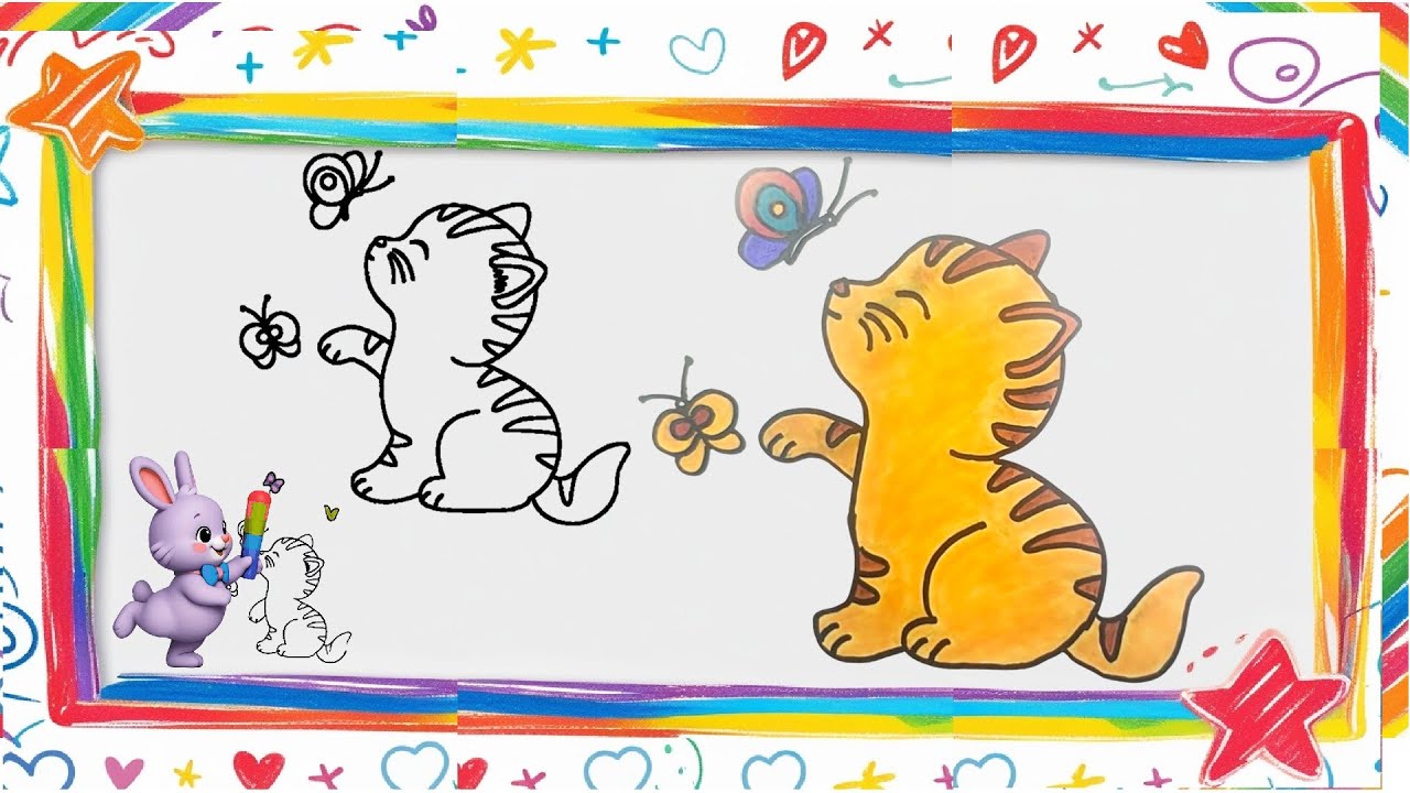 How to Draw & Color a Kawaii Cat | Kids Art Tutorial with Butterflies & Bunny Fun