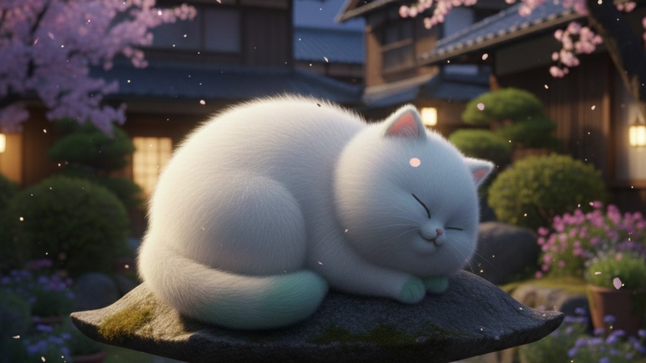 JAPANESE ZEN LULLABY ⛩️🌸 Shakuhachi Flute & Night Garden 🐾 Menta Cloud Cat (4 HOURS, DARK SCREEN)
