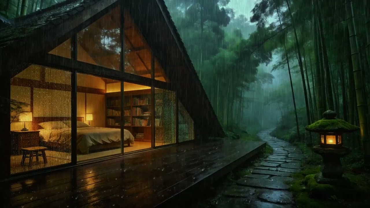 Modern Japanese Glass House in Bamboo Forest 🌲 Cozy Night Sleep Ambience 3H