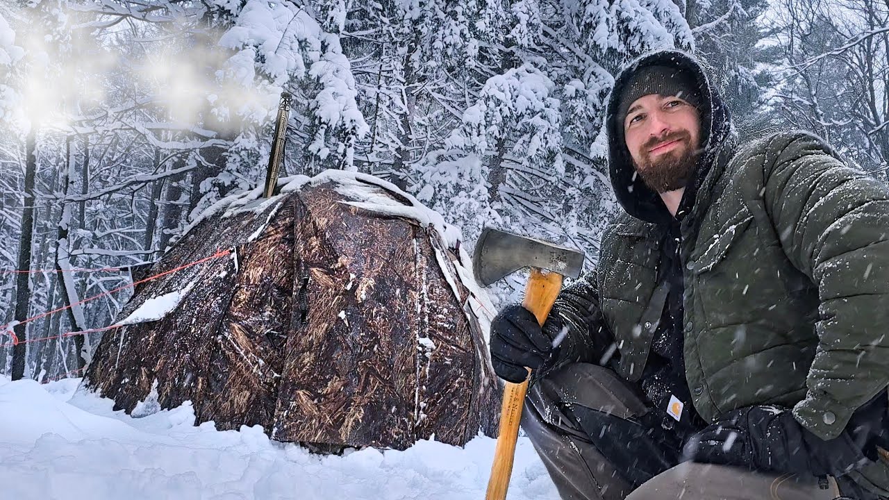 Snow Storm vs Hot Tent - Camping Alone Overnight in the Wild with Morels, Grilled Cheese & more