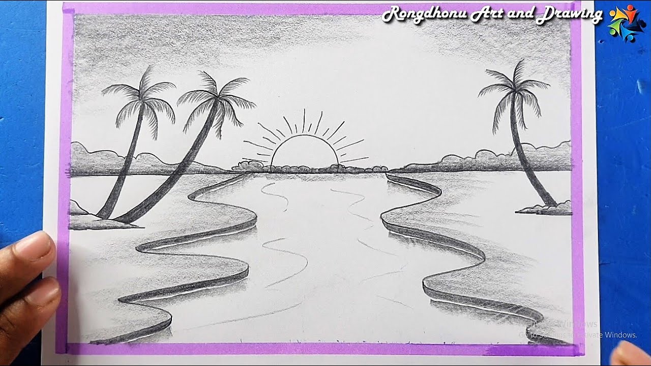 Landscape River scenery drawing | Very Easy Drawing Tutorial