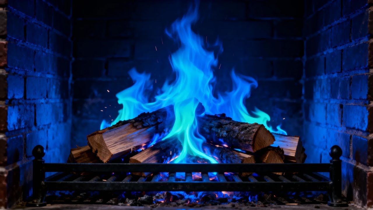 LIVE Night Fireplace Ambience 🔵 Blue Flames & Crackling Fire Sounds