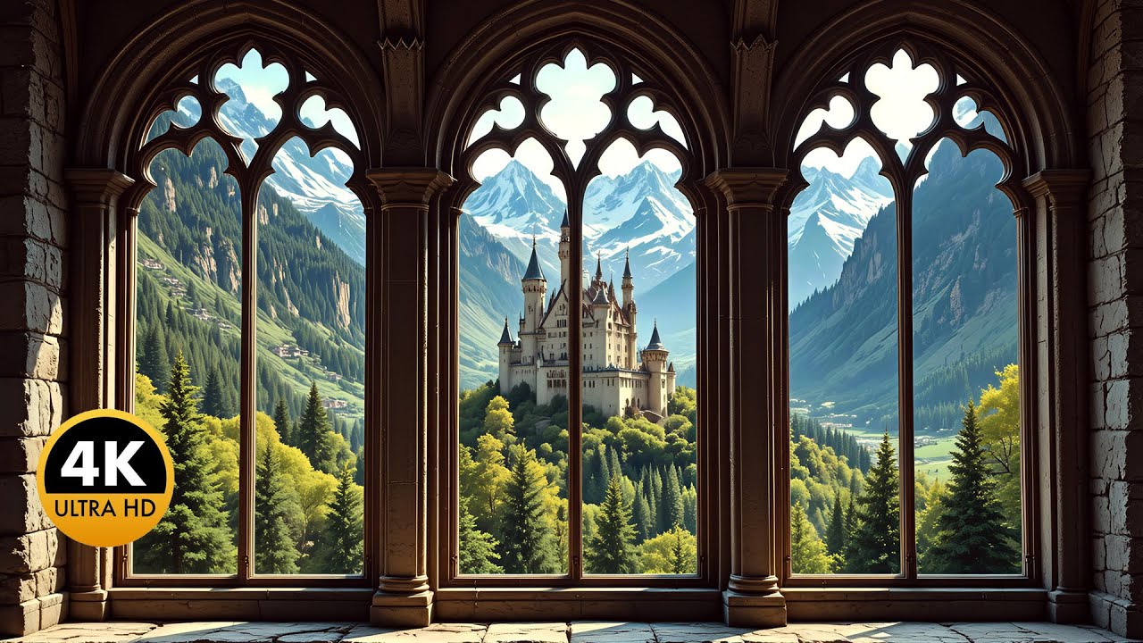 4K Gothic Castle Window | Daylight Mountain Fantasy Projector