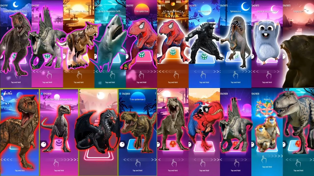 🦖 Creepy T-Rex Spiderman vs Indoraptor vs Mosasaurus vs Monkey vs Carnosaur – Tiles Hop 🎵🔥