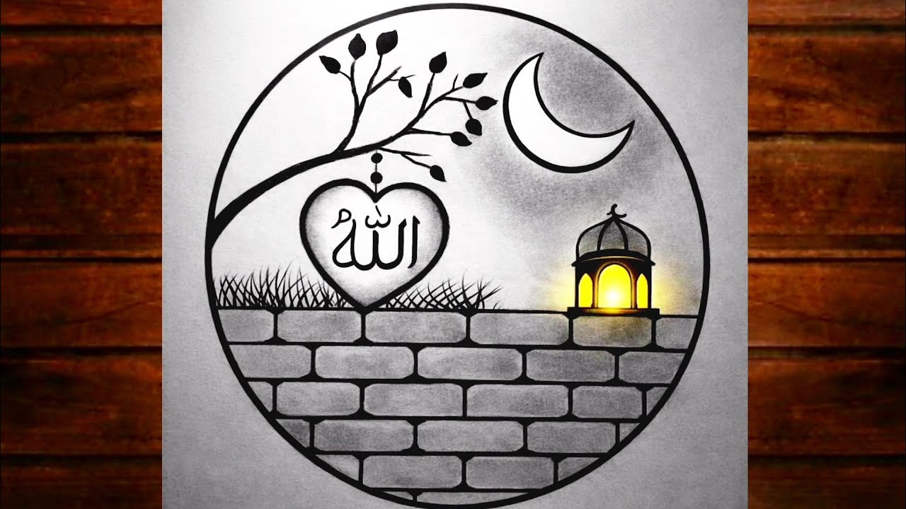 Ramadan Mubarak drawing/Easy Circle Scenery Drawing/Pencil Drawing /Easy drawing ideas for beginners