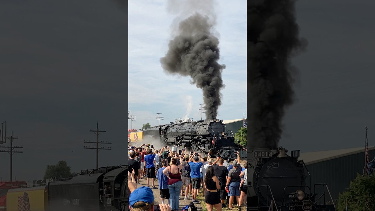 WHEEL SLIP!! UP 4014 Big Boy with UP 1616 Abe Lincoln departs downtown Greeley, CO July 19, 2025