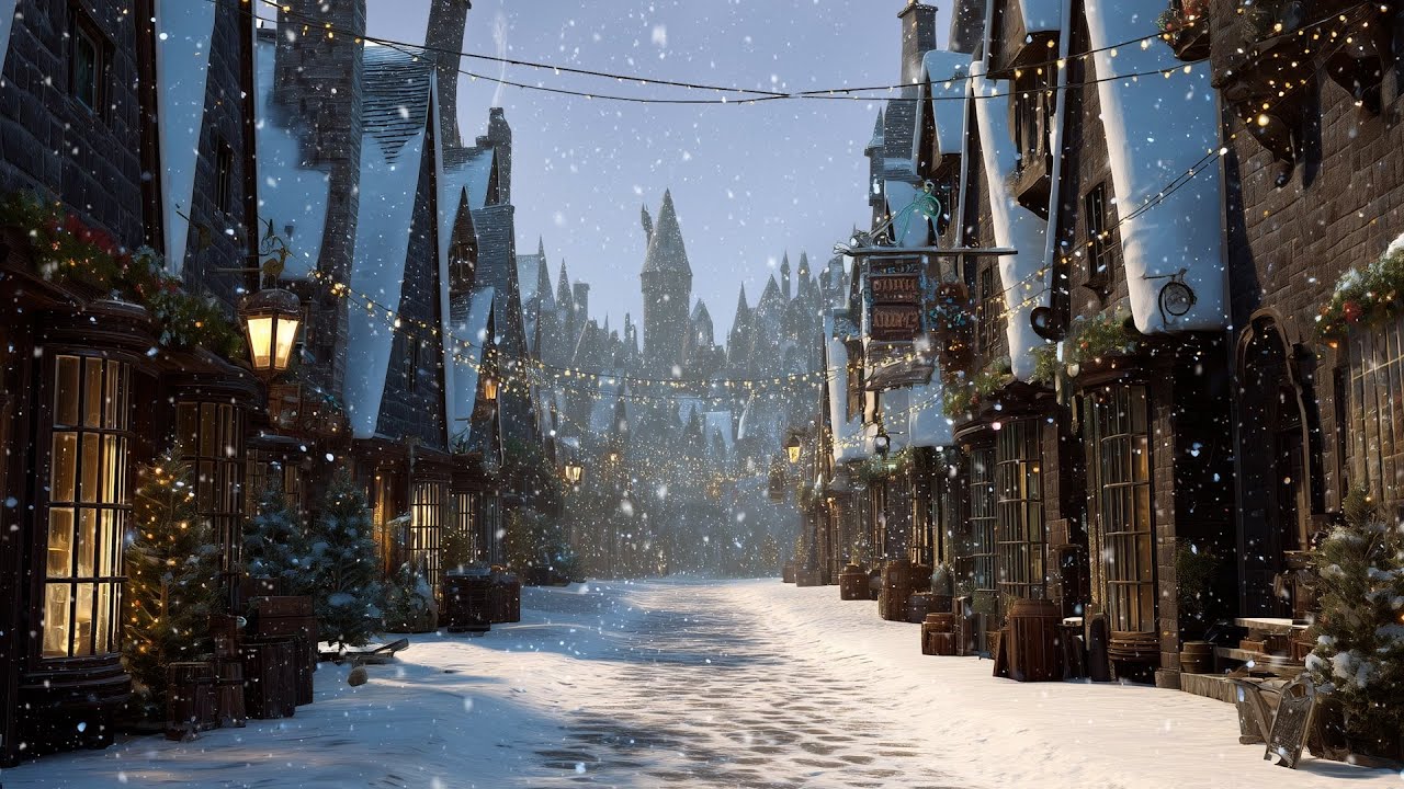 8 Hours Snowy Wizard Village Ambience | Cozy Winter Streets, Warm Lights & Calm Sounds