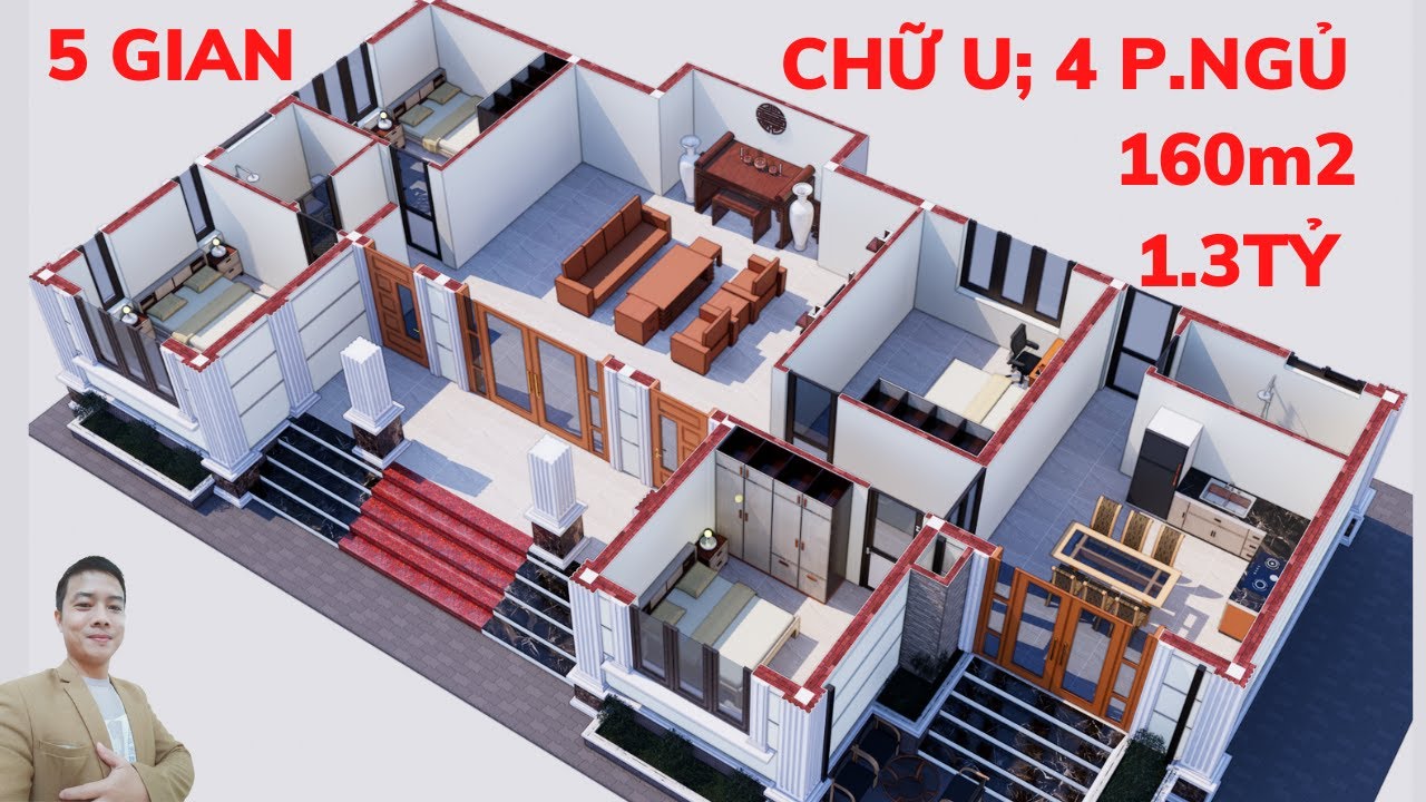 Mặt Bằng Nhà Chữ U 5 Gian, 4 Phòng Ngủ, 160m2, Chi Phí 1,3 Tỷ Rất Đẹp | Nhà Đẹp Bách Hợp