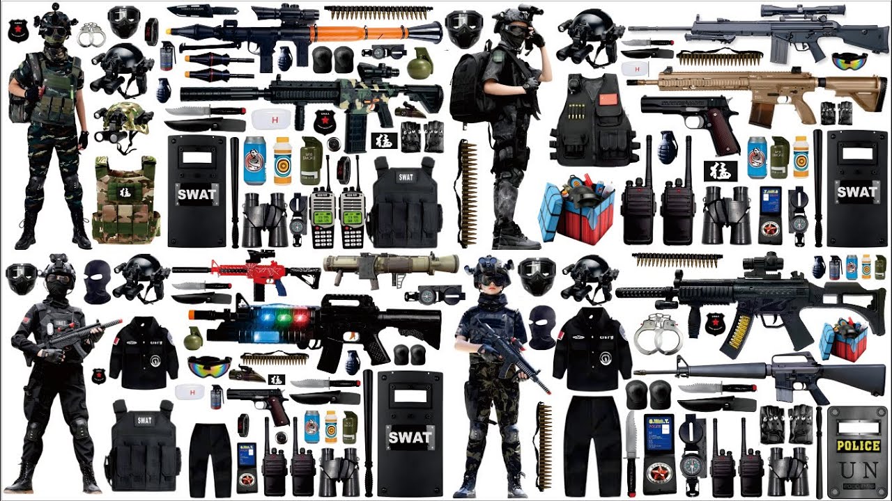 Open Box Toy Gun Collection, M24 Sniper Rifle, QBZ191 Automatic Rifle, Grenade, Shield, Dagger