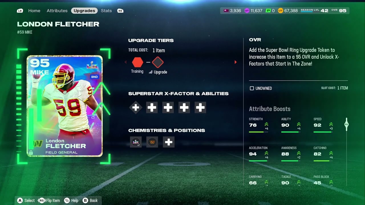 Madden 26-Season 5  New England Patriots Superbowl promo Theme 92 overall London Fletcher p46