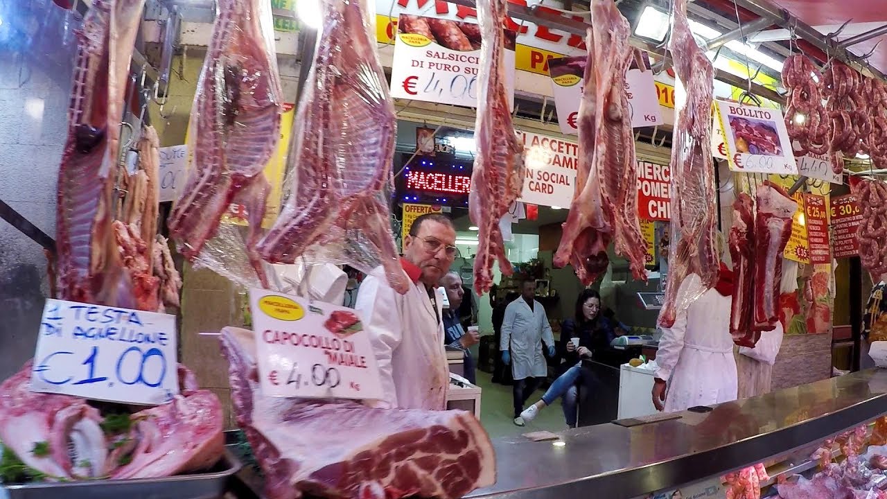 Street Food and Fresh Food. 'Ballar&ograve;' Market in Palermo, Sicily, Italy