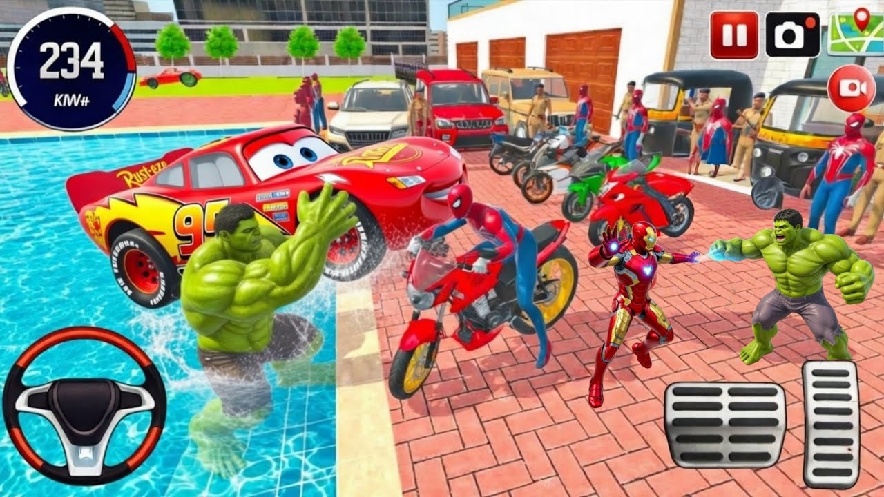 🤩Spiderman Monster McQueen Car 🦚Thung Thung & Scary Teacher 💪Fight With Hulk 🥰Modified Thar Showroom