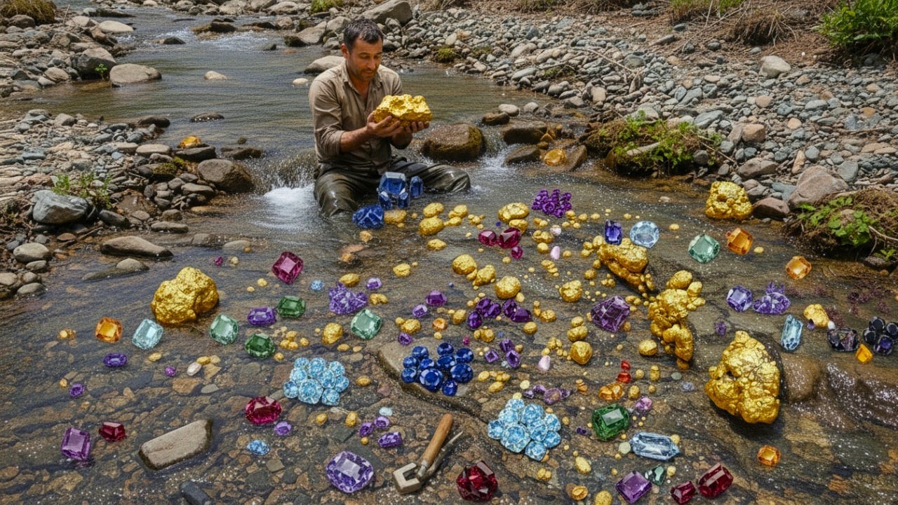 wow I'm so Lucky! Found a lot of beautiful gems 💎 and crystals and gold nuggets at riverside
