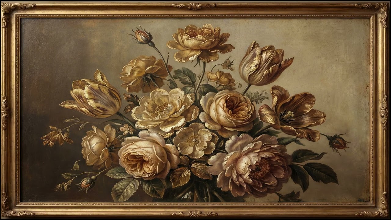 Vintage Golden Floral Arrangement | Gold Frame TV Art | Art Screensaver for TV 2 Hrs