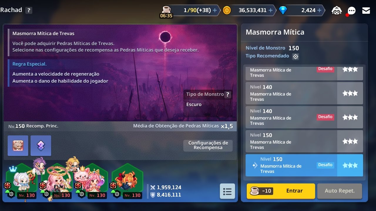Guardian Tales - Masmorra Mítica de Trevas LVl 150 - Desafio