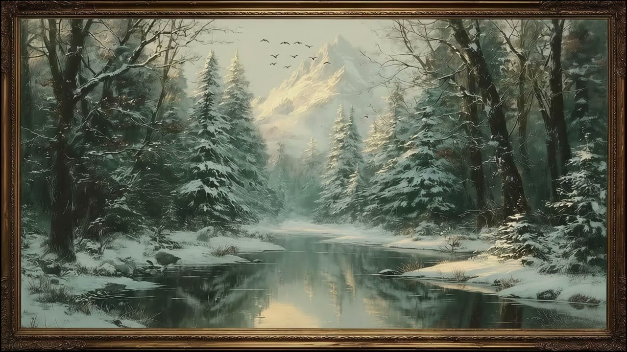 Forest, Lake, Mountain, Winter Landscape, Vintage Oil Painting TV Screen Saver 4K