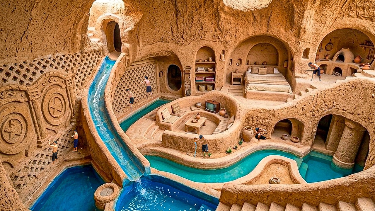 180 Days Building 2-Story Clay House Carved into a Canyon Cliff with Furniture Using Primitive Tools