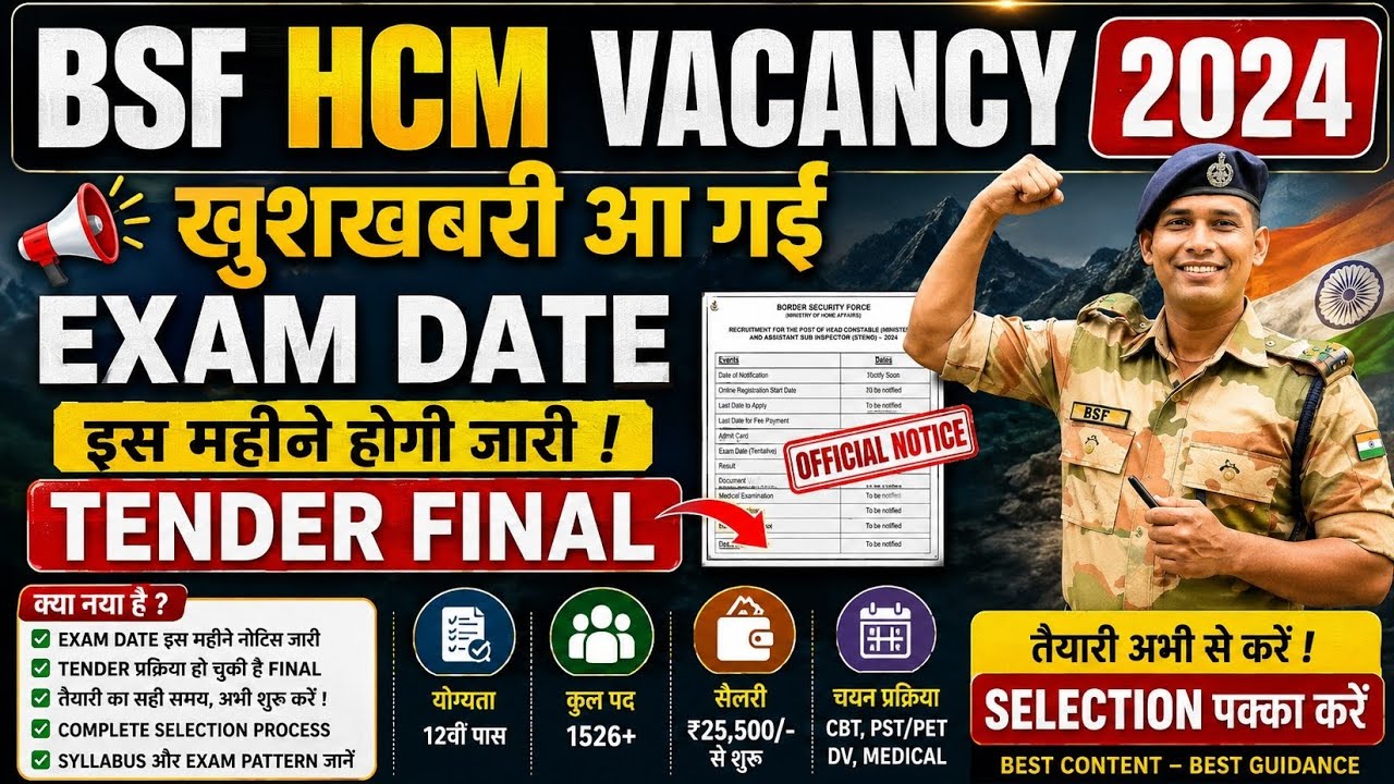 EXAM DATE🔥BSF HCM VACANCY 2024 HEAD CONSTABLE MINISTERIAL & ASI STENO WRITTEN EXAM DATE