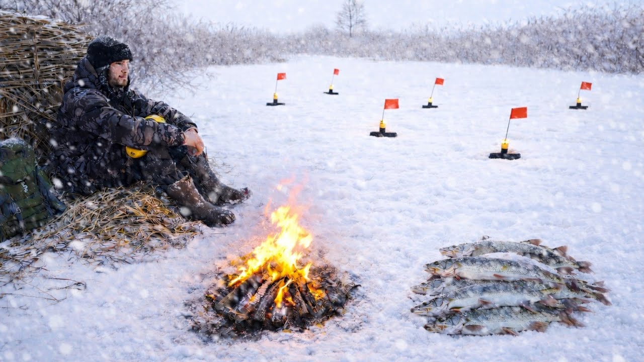 Кемпинг на реке в настоящей зимней метели