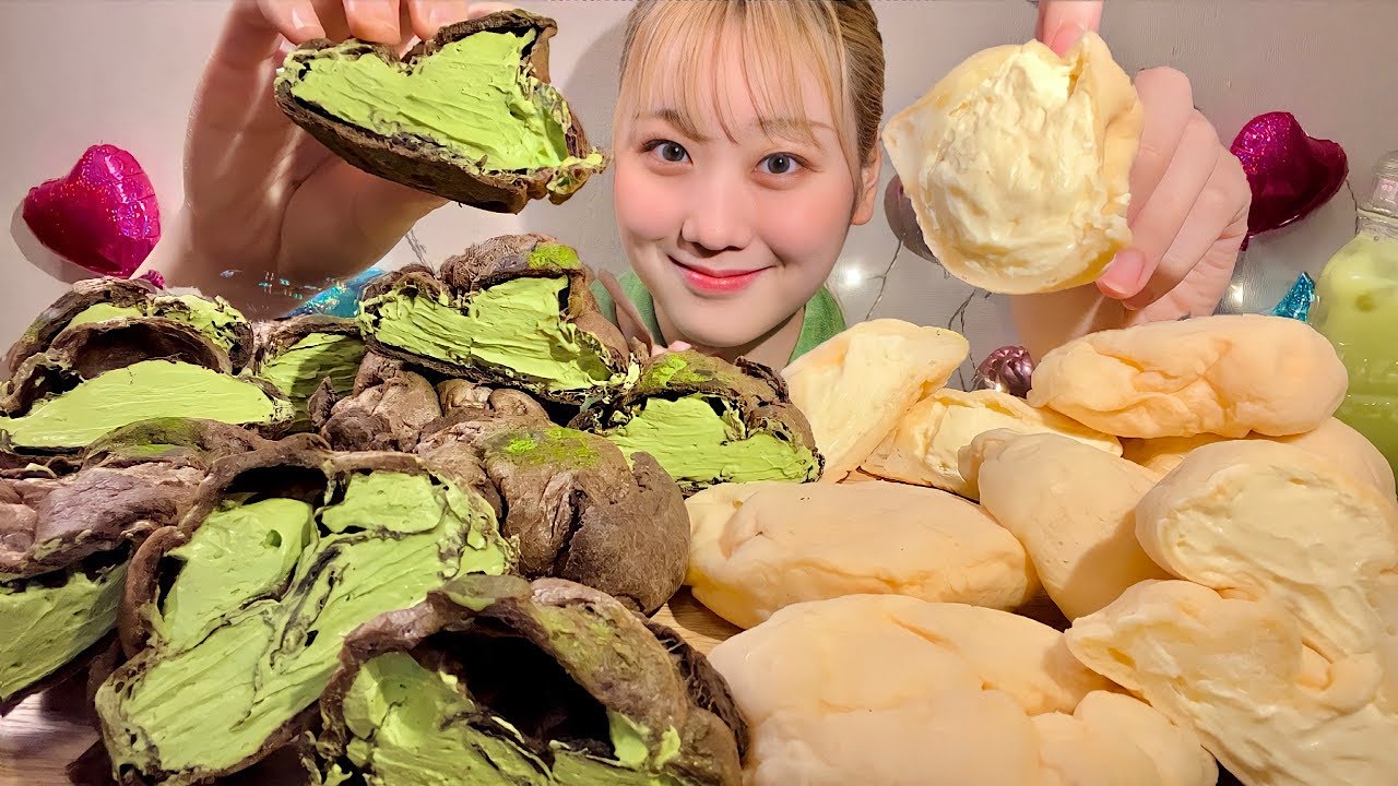ASMR Матча Пирожное Шу белый Пирожное Шу 【русские субтитры】【Mukbang/ Eating Sounds】