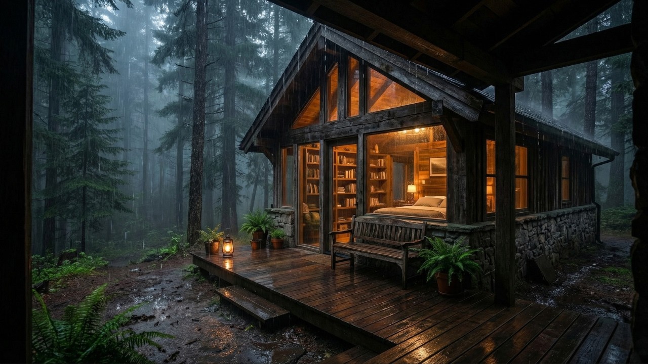 Dark Night Rainstorm in the Woods Cabin Rain Sounds for Deep Sleep and Anxiety Relief