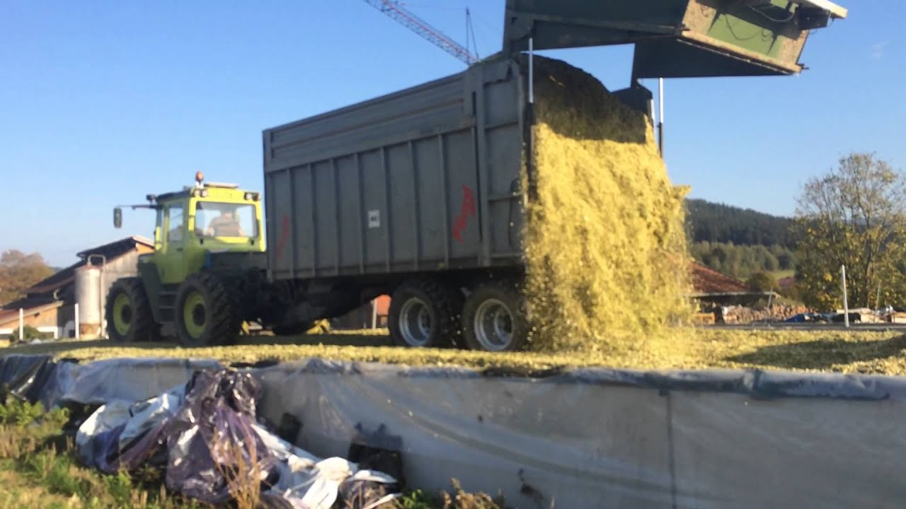 MBtrac 1100t k&auml;mpft sich auf Maissilo mit Fliegl Abschiebewagen