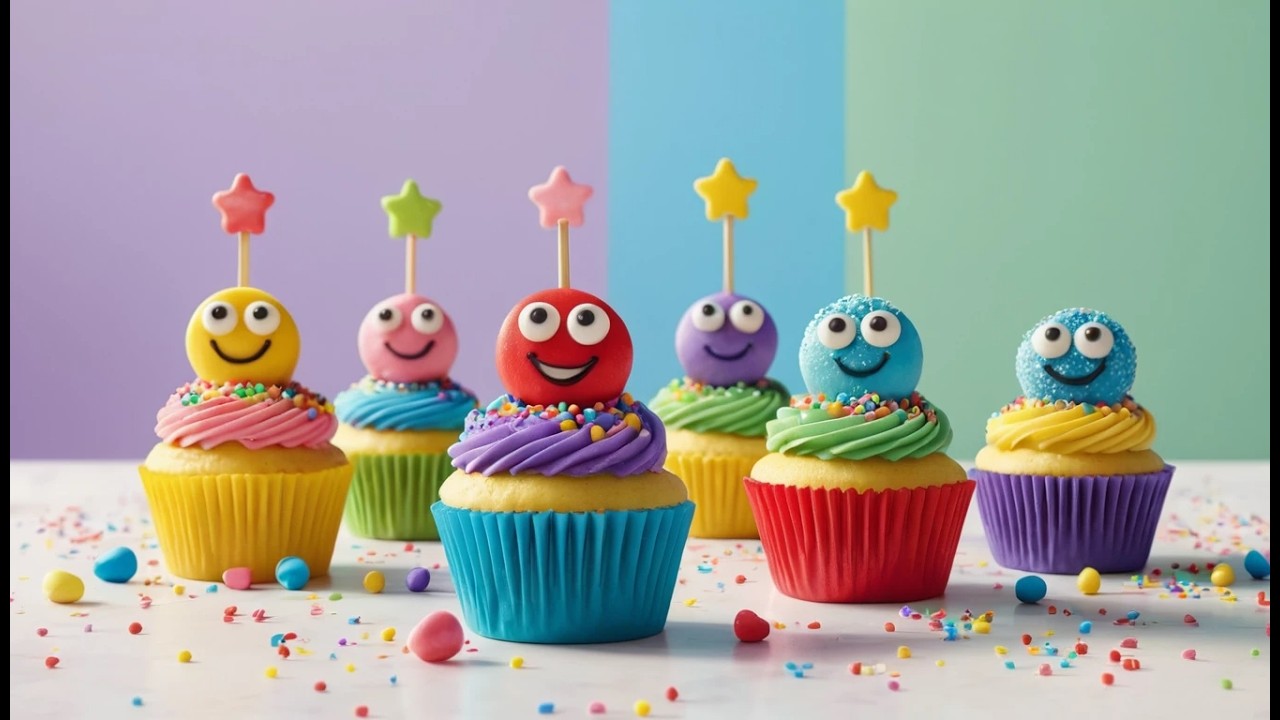 Sechs kleine Spielzeug Cupcakes Streusel | Farben & Zählen lernen für Kinder
