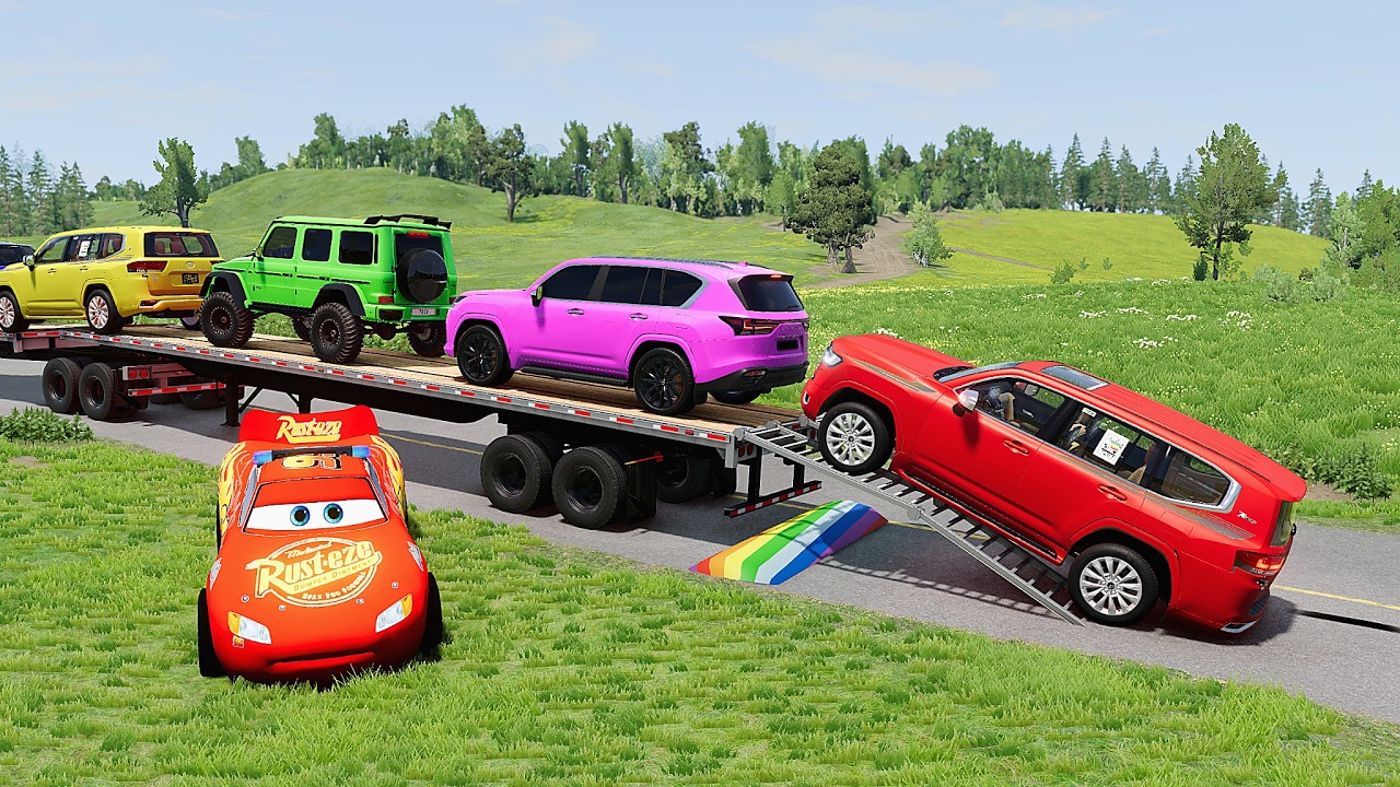 Flatbed Truck McQueen | Transportation with Truck - Speedbumps vs Cars vs Train - BeamNG.Drive #45