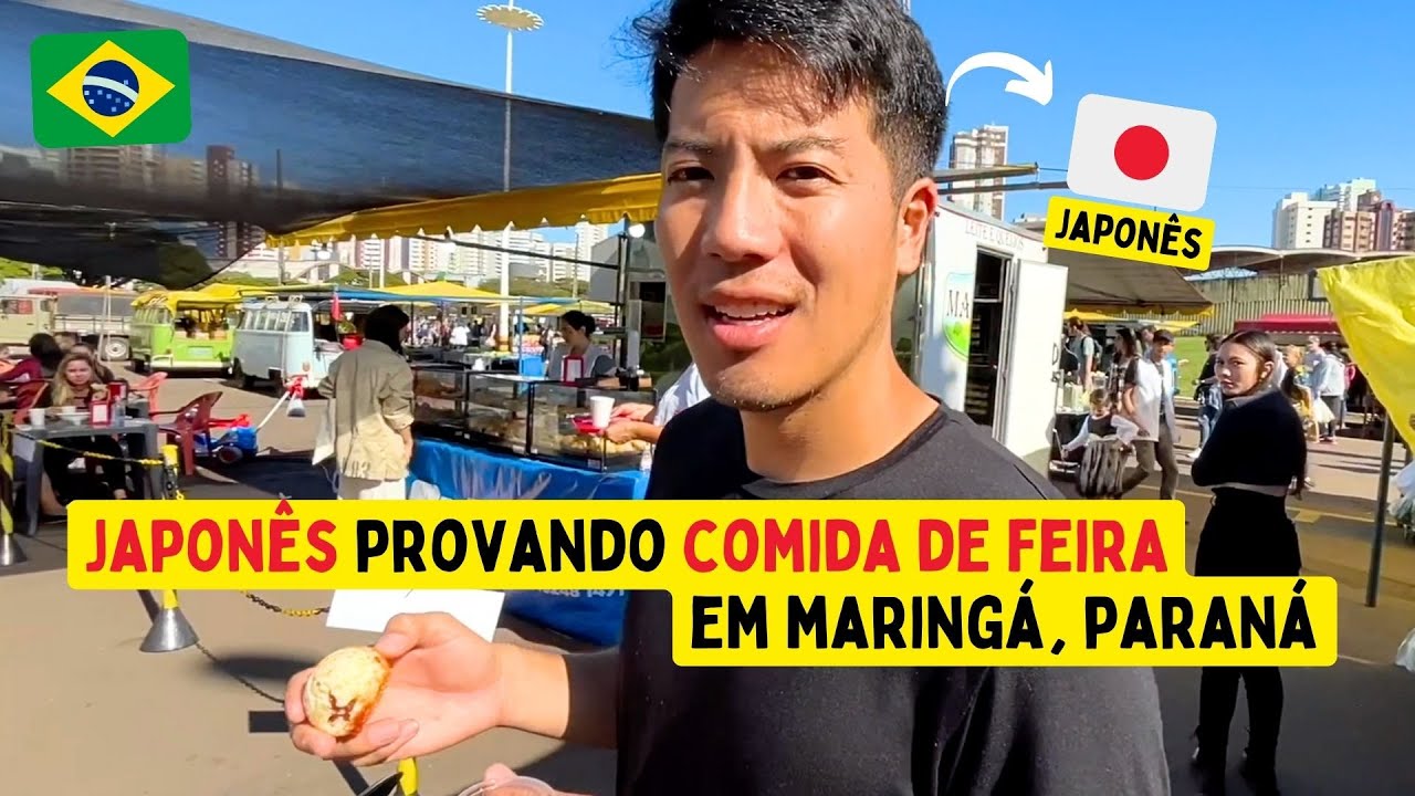 Japonês provando comida de feira em Maringá, Paraná