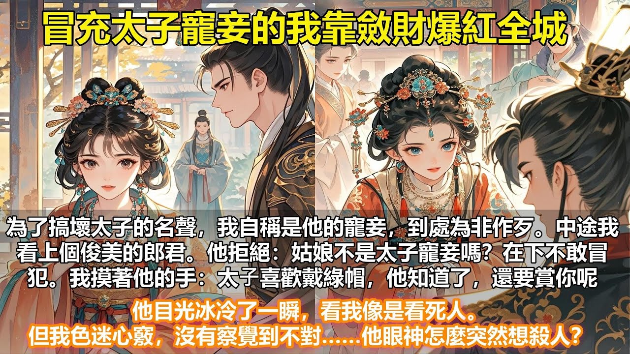 【完結顛文】冒充太子寵妾的我靠斂財爆紅全城。冒充太子寵妾到處斂財超爽der～結果街頭撩到個冷面帥哥，他竟甩開我的手說：姑娘不是太子的寵妾嗎？我貼上去壞笑：太子就愛戴綠帽啦！他眼神怎麼突然想殺人？