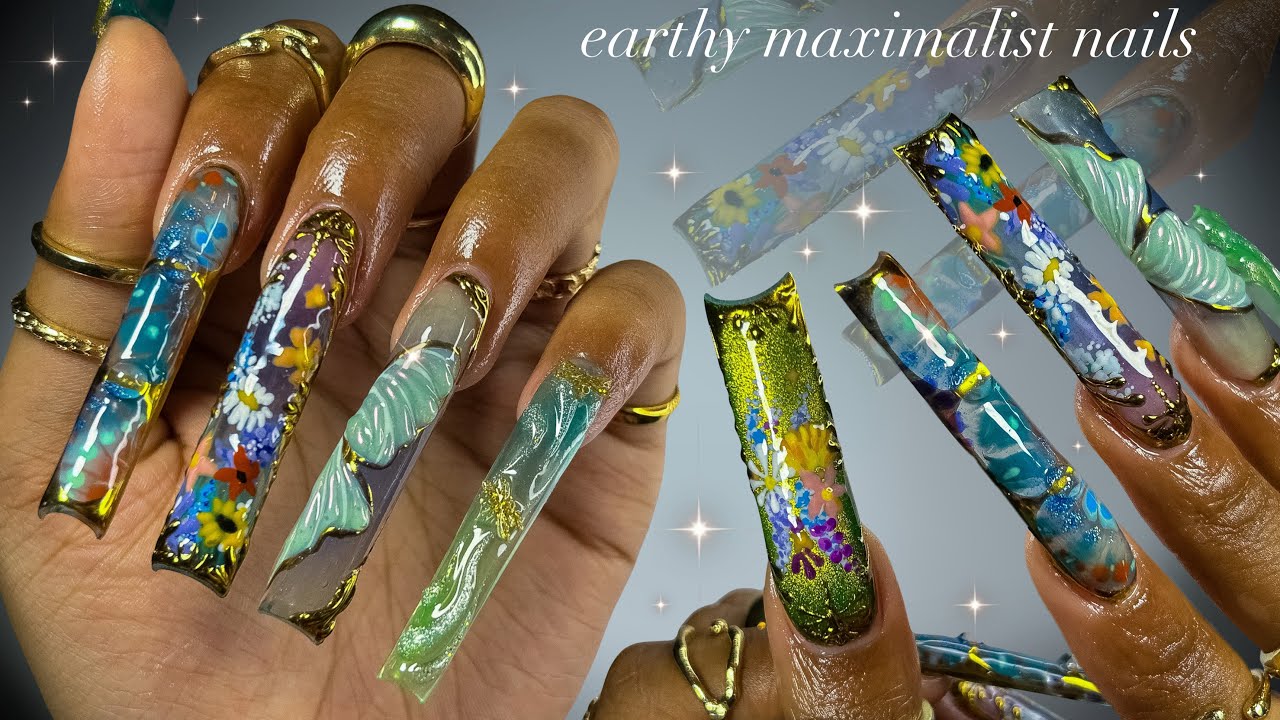 Earthy Maximalist Nails!🌿🌼⚜️✨| long acrylic nails + exquisite nail art✨