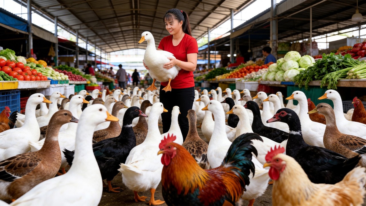 Cosechando 1000 Pollos, Patos y Gansos de Granja | Llevándolos al Mercado para Vender