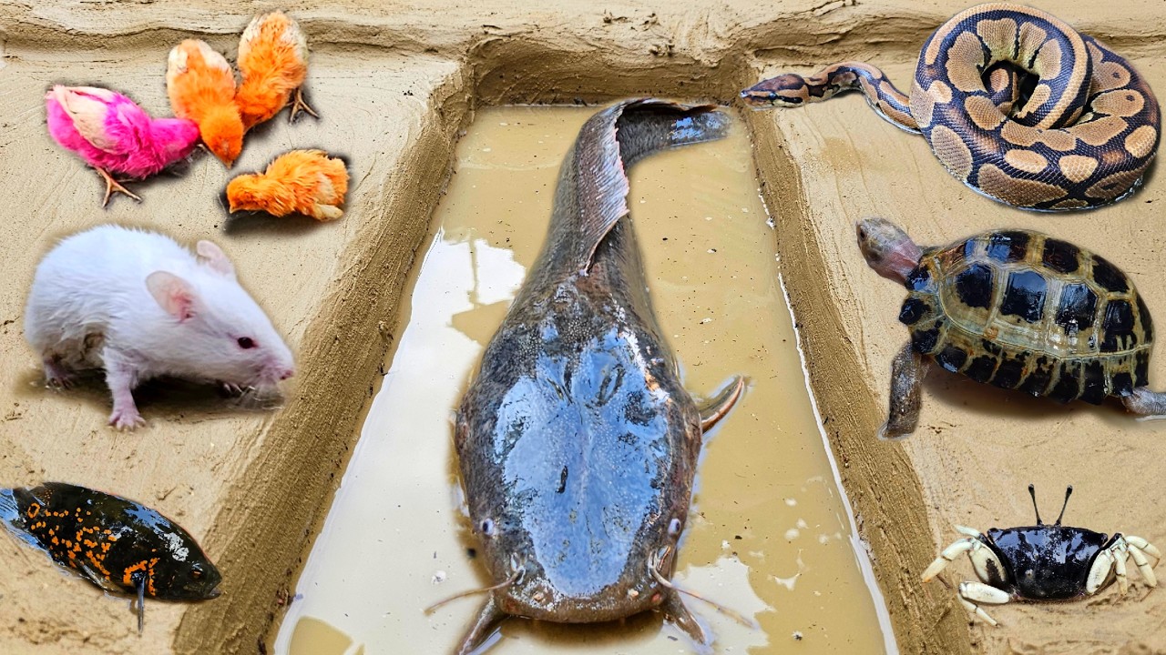 Tangkap ikan lele besar dalam lubang, ikan hias, ikan koi, ikan oskar, kura kura, kepiting