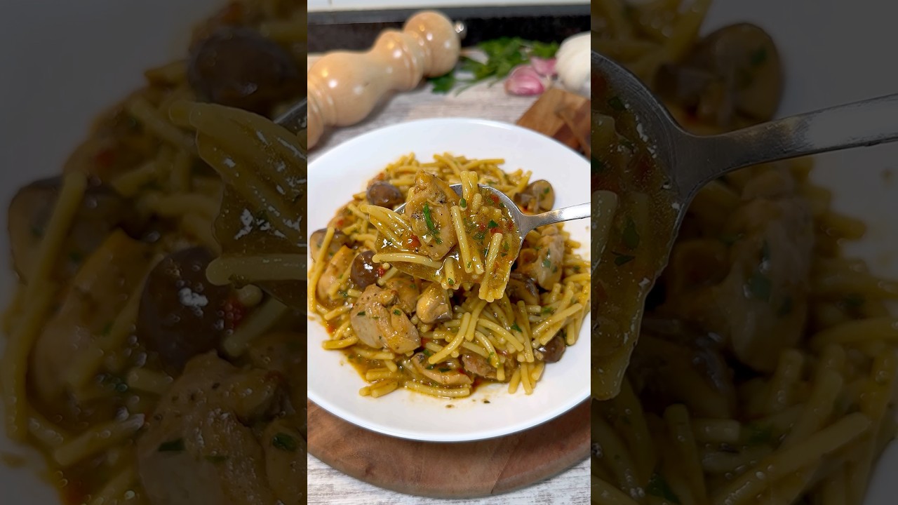 Fideos a la cazuela con pollo y champis 🍄&zwj;🟫🍗 #recetas #youtubeshorts