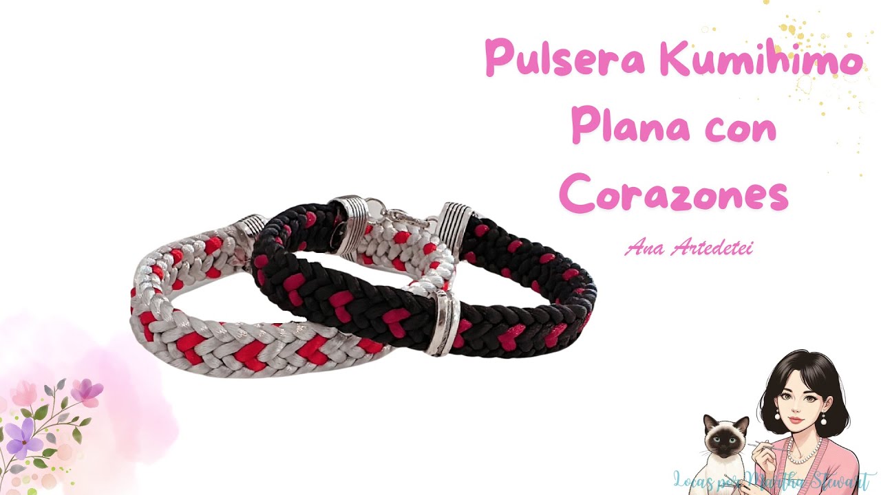 Pulsera kumihimo plana de corazones
