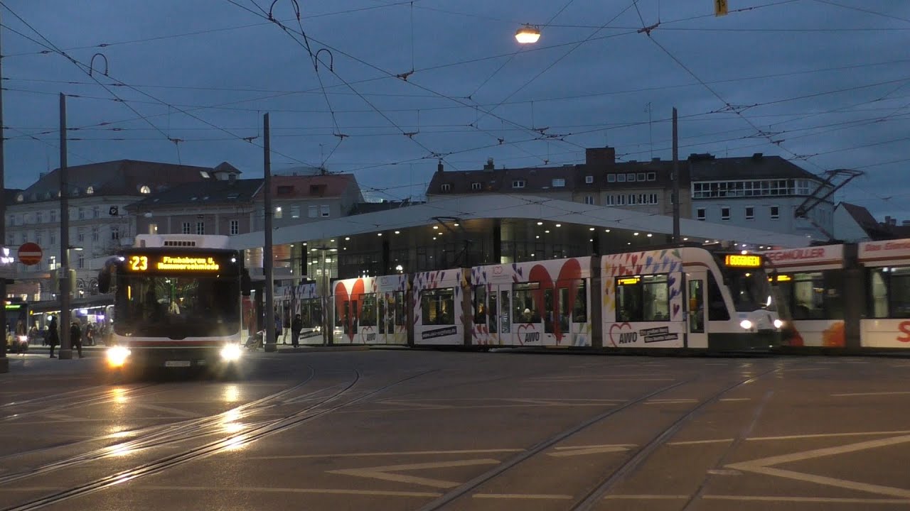Heavy city bus & tram traffic in downtown Augsburg