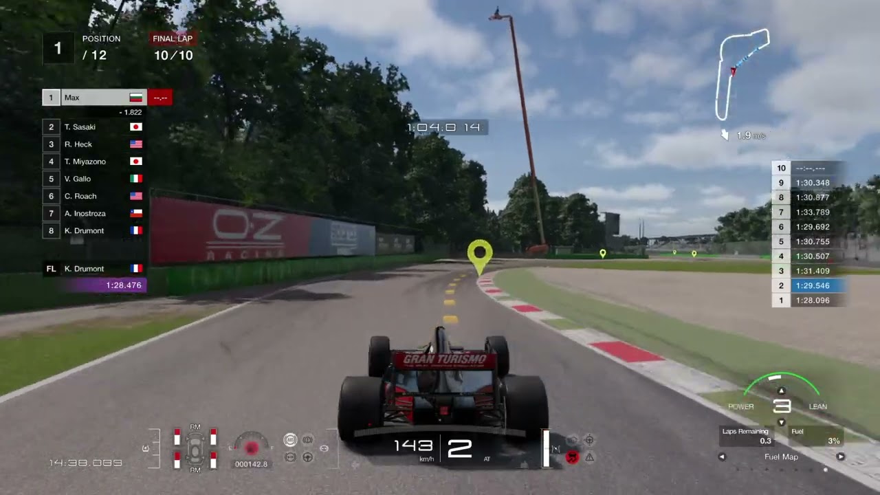 GT7 F3500 on Monza’s last lap. Out of fuel before finish line.