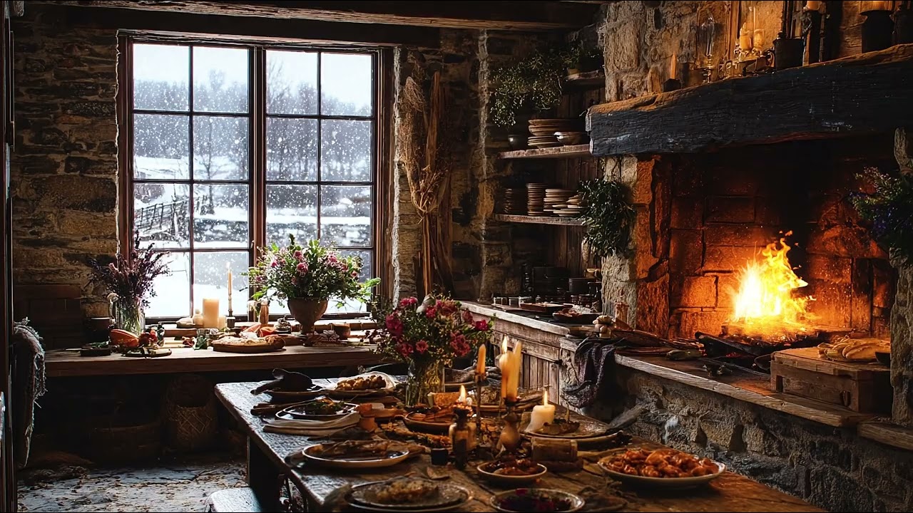 Winter Kitchen Fireplace 🍲❄️ Soft Piano & Cello for Deep Sleep, Relaxation & Insomnia Relief
