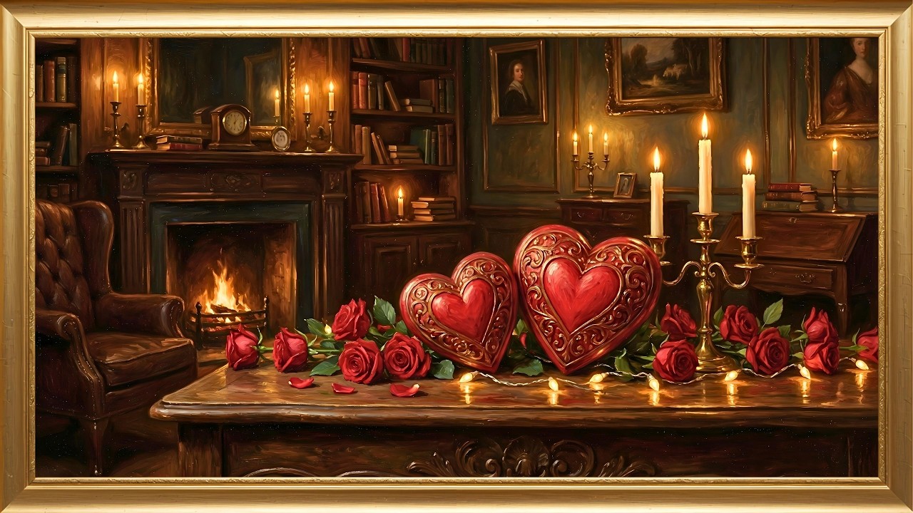 Romantic Heart Frame TV Art | Vintage Valentine’s Day Decor | Warm Fireplace & Roses Background
