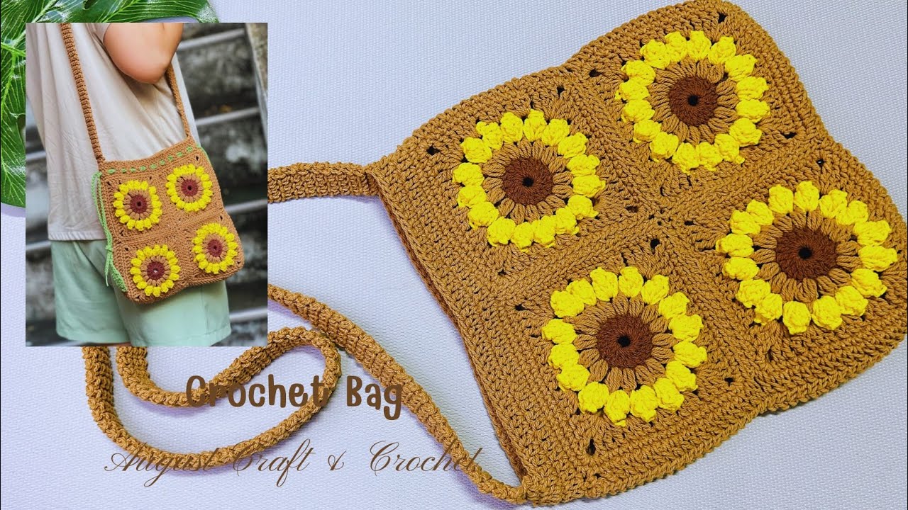 How to Crochet a granny square bag. Crochet sunflower granny square tutorial. August Craft & Crochet