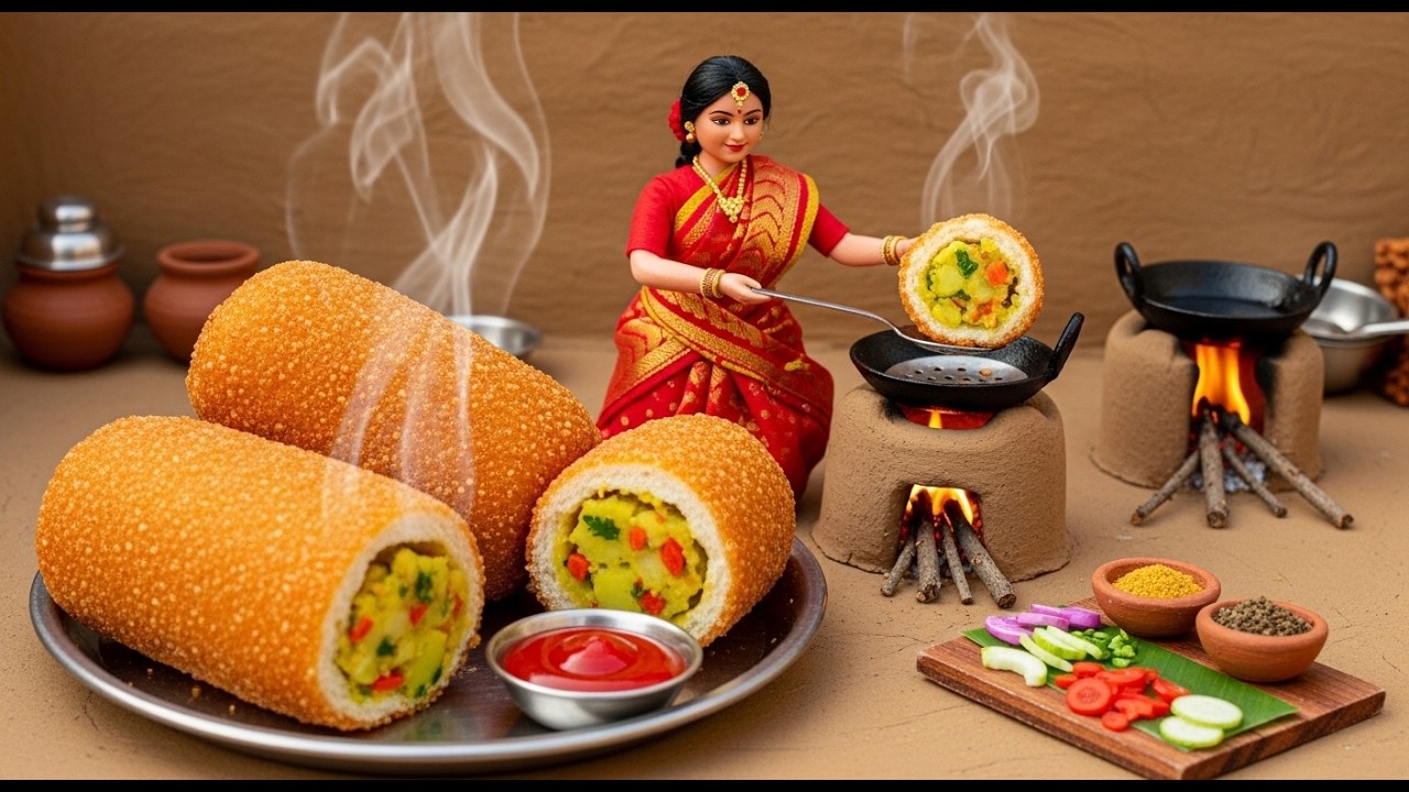 Miniature Doll Stuffed Bread Roll Cooking ASMR | Indian Village Tiny Kitchen Snack Recipe