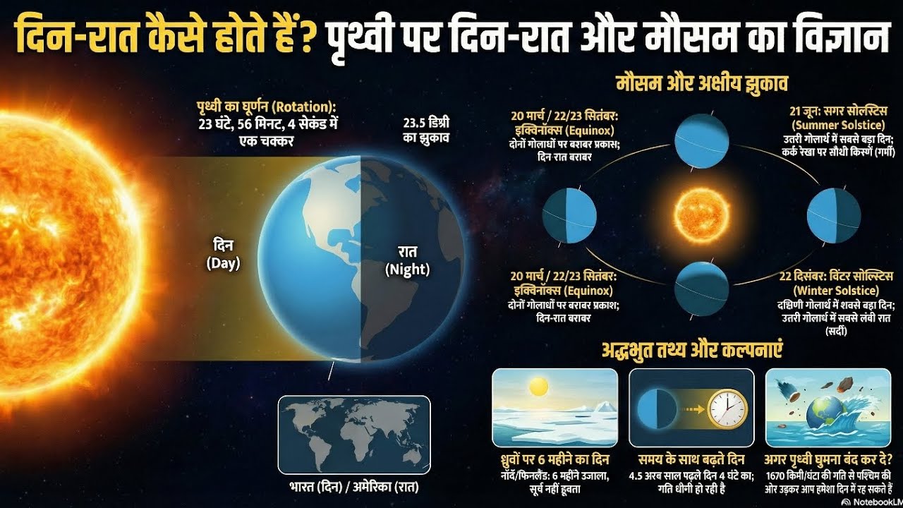 पृथ्वी का घूर्णन और ऋतु चक्र, दिन-रात, मौसम का विज्ञान 