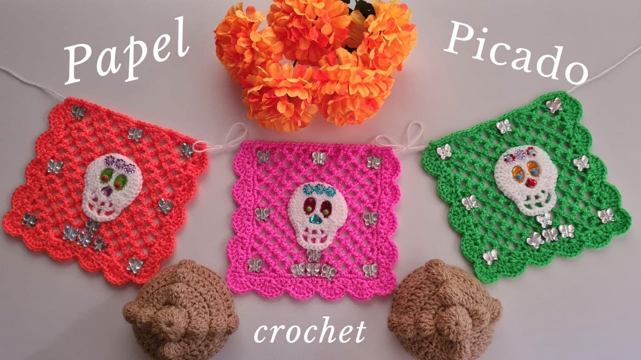 Decora diferente ✨️ con este alegre papel picado💀💚🩷🧡 tejido en CROCHET (modelo 2)