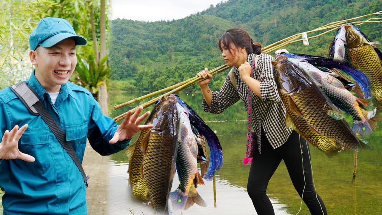 FULL VIDEO: 15 days  -  Single mother traps and catches giant fish to sell. Cooking with kind police