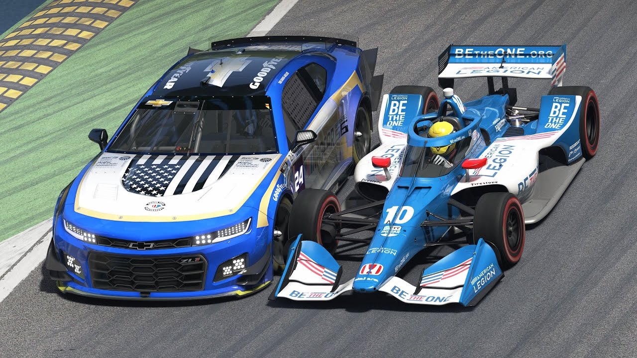 NASCAR Chevrolet Camaro ZL1 Garage 56 Le Mans vs IndyCar Dallara DW12 Honda at Monza