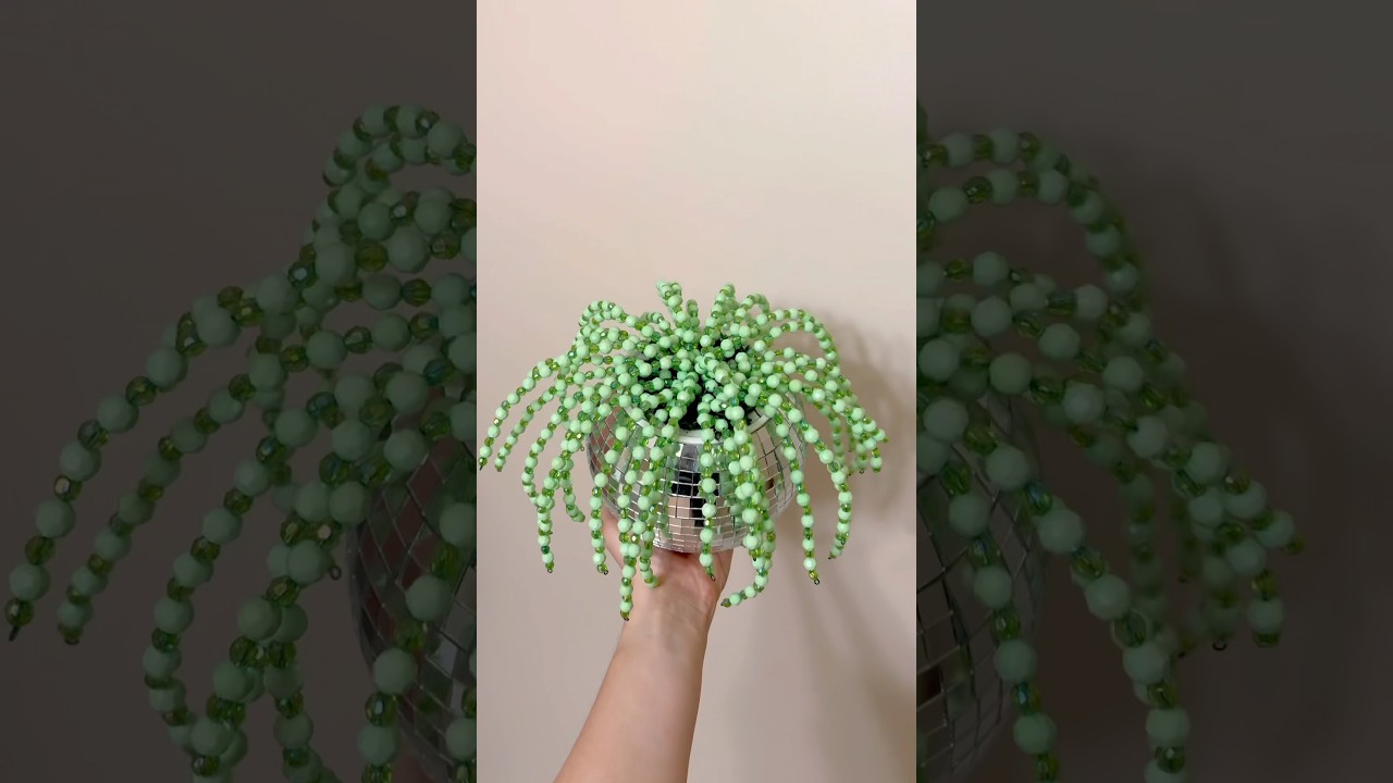 DIY string of pearls beaded plant🪩💚 #plants #succulent #tutorial #disco #homedecordiy #beads